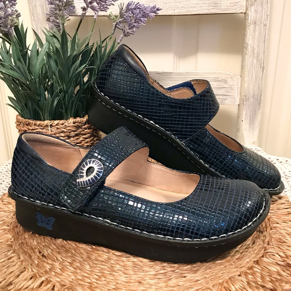 Alegria Paloma Leather Mary Jane Peacock Teal Blue Croc Patent Butterflies 8.5